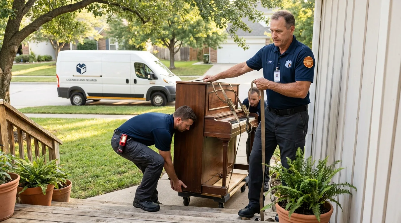 Licensed piano movers securing grand piano in Eloy, AZ