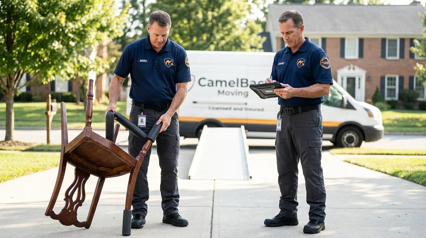 Movers inspecting furniture for damage prevention before loading in Eloy, AZ